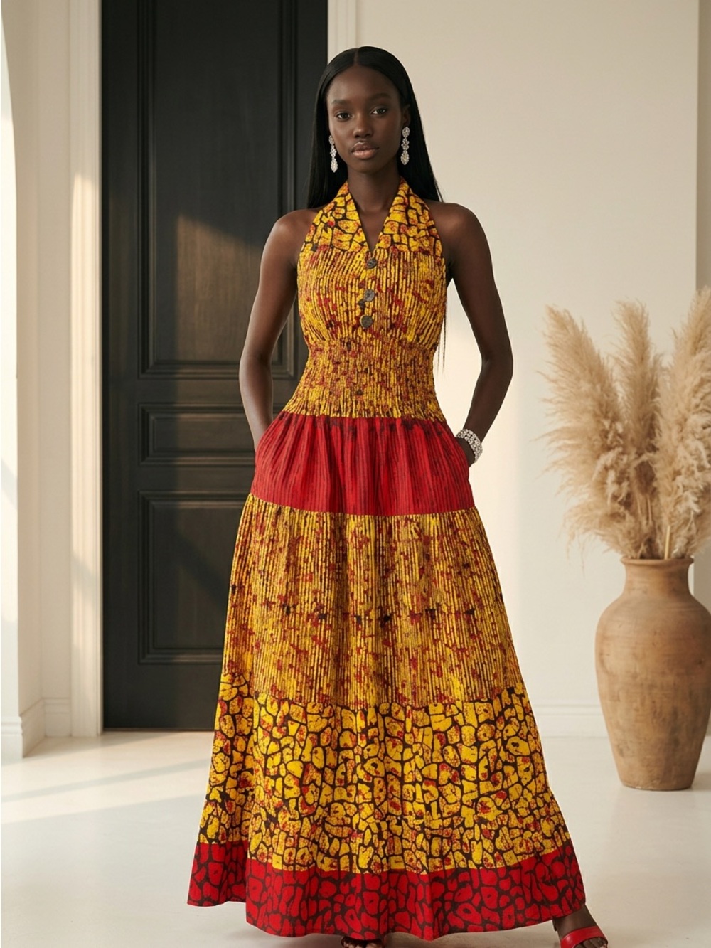 Long African Printed Halter Maxi Dress in Yellow and Red with Head Wrap